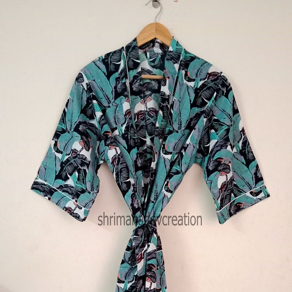 Banana Leaf Print Kimono, Cotton Bath Robe, Beach Wear, Bridesmaid Robe, Wrap Dress, House Coat Robe