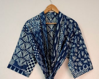 Indigo Block Printed Kimono, Beach Wear Robe, Bikini Cover Up, Loungewear, wrap dress, House Coat Robe, Patchwork Kimono