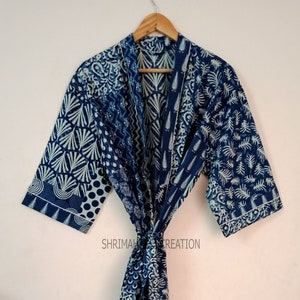 Indigo Block Printed Kimono, Beach Wear Robe, Bikini Cover Up, Loungewear, wrap dress, House Coat Robe, Patchwork Kimono