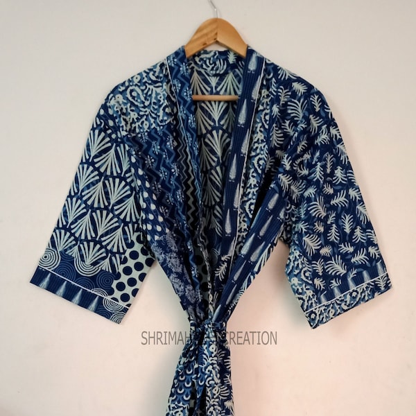 Indigo Block Printed Kimono, Beach Wear Robe, Bikini Cover Up, Loungewear, wrap dress, House Coat Robe, Patchwork Kimono