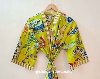 Jaune Oiseau Imprimé Coton Nuit Demoiselle D'honneur Sexy Peignoir Robe Longue Kimono Tunique Plage Porter Robe De Bain Kimono