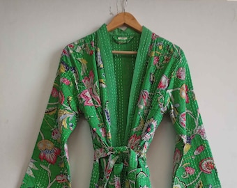EXPRESS DELIVERY- Women Cotton Kantha Jacket, Vintage Style Robe, Bath Robe, Bikini Cover Up, Bridal Kimono, House Coat Robe