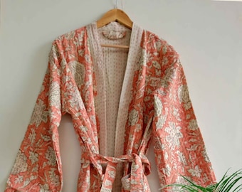 Beautiful Cotton Floral Printed Kantha Work Quilted Kimono Robe Beach Wear Winter, Bridesmaid Night Sexy Gown Kimono