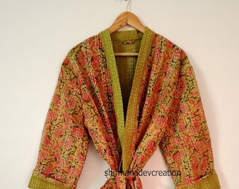 Indian Handmade Kantha Jacket, 100% Cotton Kimono, Cotton Bath Robe, Gift For Her, Dressing Gown, Beach Wear Kimono