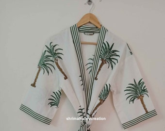 New Indian Palm Tree Print Kimono Bathrobe Beach Wear Robe Bridesmaid Robe Wrap Dress Block Print Dress Kimono