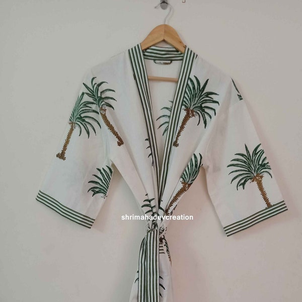 New Indian Palm Tree Print Kimono Bathrobe Beach Wear Robe Bridesmaid Robe Wrap Dress Block Print Dress Kimono