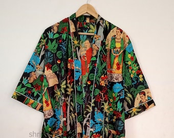 Frida Kahlo Printed Kimono, Women's Party Wear, Loungewear, Unique Gift, Bridesmaid Dress, Kimono Dressing Gown