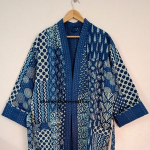 Indigo Patchwork Print Kimono, Cotton Kimono, Wrap Dress, Bridesmaid Gift, Indigo Kantha Robe, Soft and comfortable Bath Robe