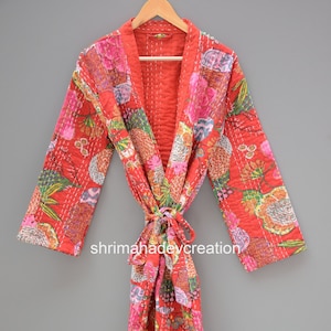EXPRESS SHIPPING - Fruit Print Kantha Jacket, Beach Wear Dress, Bath Overcoat, Gift For Her, Kimono Style Kantha Robe