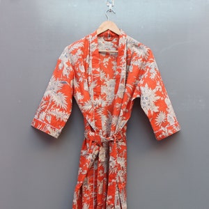 ORANGE  Floral Long Cotton Robe, Bath Robe, Woman Dressing Gown, Bridesmaid Dress, Free Size Kimono, Beach Cover Up