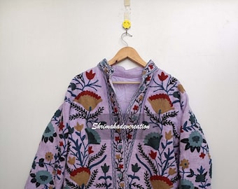 Purple Suzani Embroidery Jacket, Winter Jacket, Womens Coat, Quilted Jacket, Unisex Coat, Suzani Short Quilted Jacket