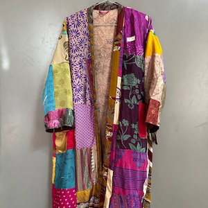 Vintage kantha Silk Long Women’s Kimono, Yoga Kimono Robe, Unique Spa Robe