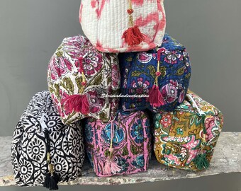 Handmade Assorted Lot Hand Block Print Toiletry Bag, Quilted Wash Bag, Cosmetic Pouch, Travel bag, Makeup Bag, Gift For Her