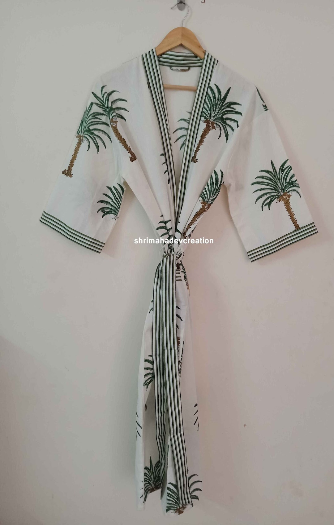 New Indian Palm Tree Print Kimono Bathrobe Beach Wear Robe Bridesmaid