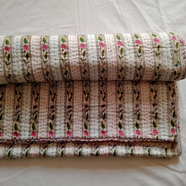 Indian Handmade Cotton Floral Print Kantha Quilt, Hand Stitch Bedspread Gudari Throw Blanket, Bohemian Bedding Coverlets