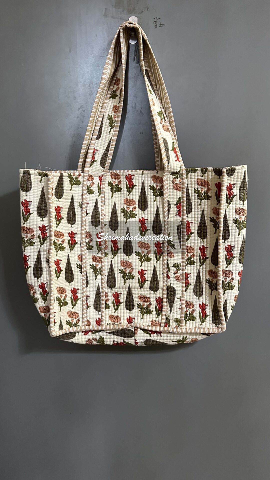 White Cotton Bag Floral Printed Market Bag Quilted Tote Bags