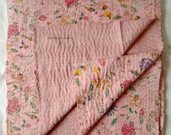 PINK BLUE Indian Kantha Quilt, Cotton Kantha Bedspread, Reversible Indian Quilt New Floral Print Quilt