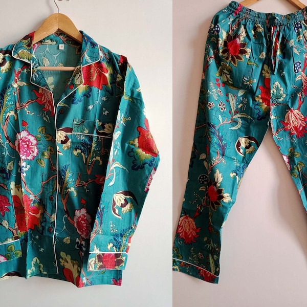 EXPRESS DELIVERY New Hand Block Floral Pure Cotton Print Pyjamas PJ Set Pijamas Set, Night Wear Suit Gift for her Pyjmas