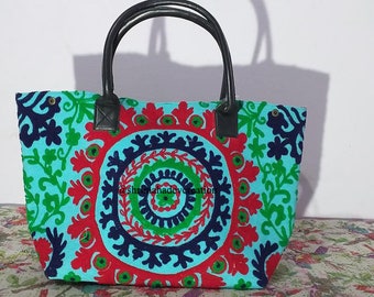 Front Personalized Pink & Green Suzani Hobo Purse w/Genuine Leather Trim Front Personalized Pink & Green Suzani Hobo Purse w/Genuine Leather Trim