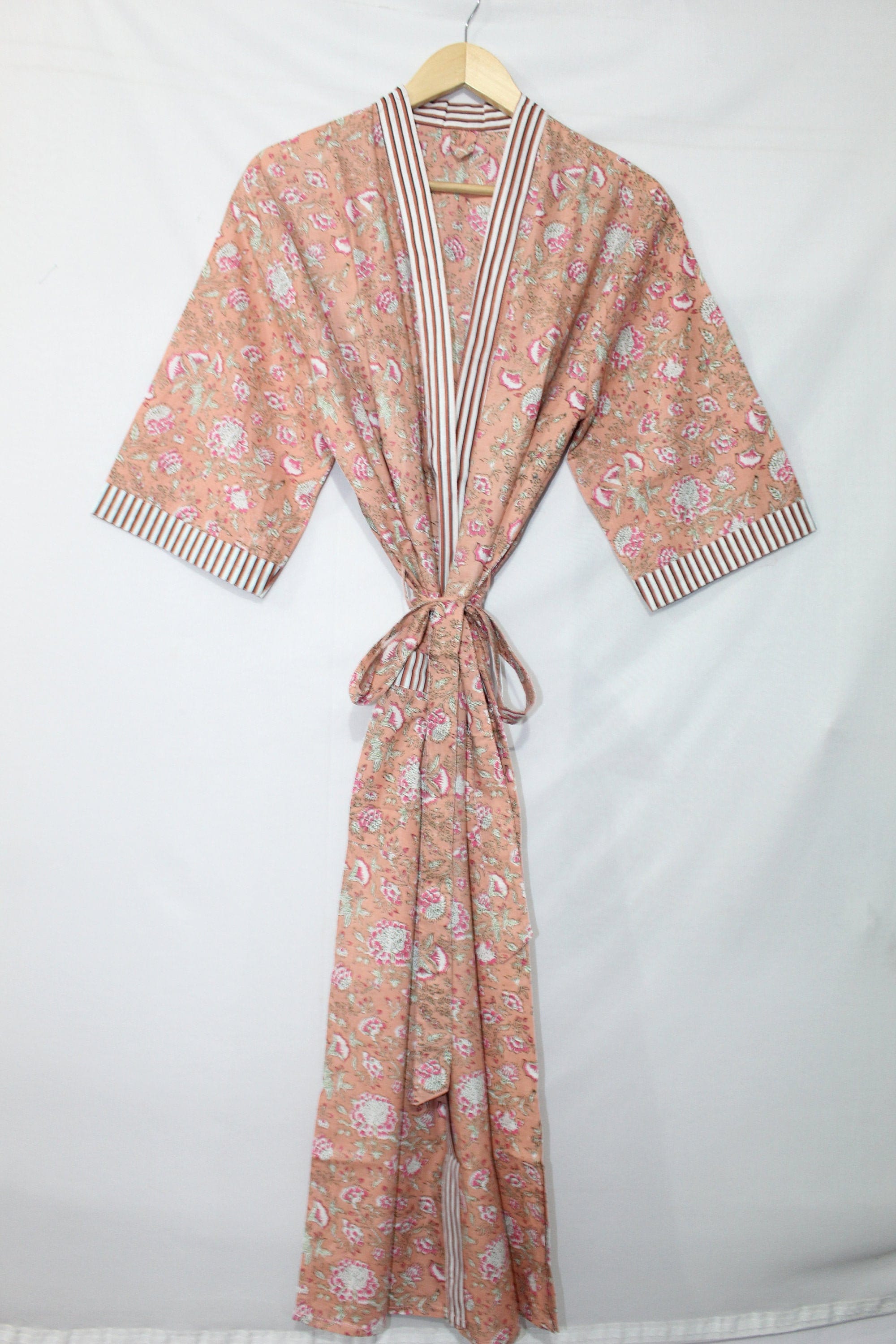 Ladies Kimono Dressing Gown/Robe, Indian cotton, Hand block printed, Yellow  Bird of Paradise Design