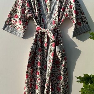 Lotus Floral Pure Cotton Indian Block printed House Robe Summer Kimono | Floral Beach Coverup/Comfy Maternity Mom | Lotus print new