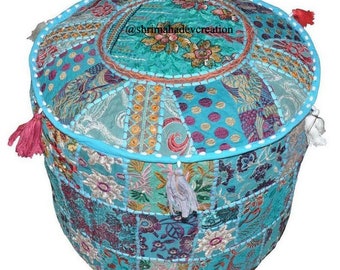 Indian Handmade Hand Embroidered Footstool Pouf Bohemian Decor Vintage Patchwork Seating Pouf Floor Pillow Cover