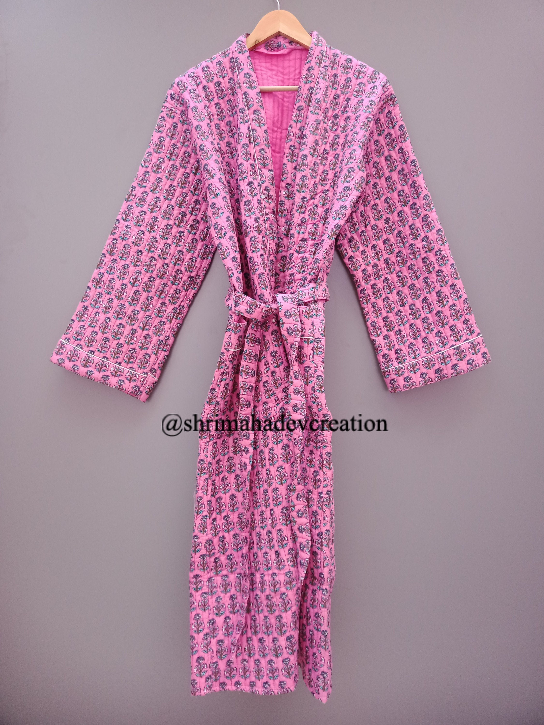 winter warm long jacket women wear cotton quilted robes Handmade cotton block printed bathrobe bridesmaid reversible quilted kimono