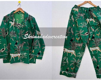 Cotton Jungle Safari Printed Bridesmaid Gift Night Suit Set Pj's Set Pajamas Set Tunic Handmade Women Wear Pyjmas Set