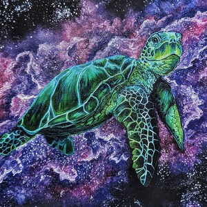 May include: A green sea turtle swims through a galaxy of purple, pink, and white clouds. The turtle's shell is detailed with intricate patterns. The background is a dark blue with white stars.
