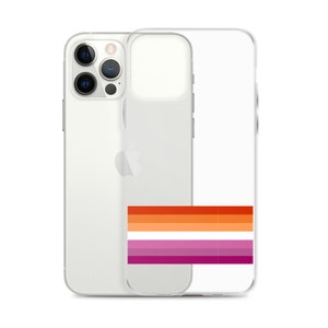 May include: Clear phone case with a lesbian pride flag design. The flag features horizontal stripes in shades of pink, orange, and white. The case is designed to fit a smartphone.
