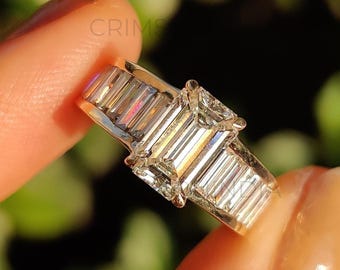 Camilla Replica Ring, 2 CT Emerald Cut Moissanite Engagement Ring, Tapered Baguette Channel Ring, Stackable Thick Band Ring, Gift For Her