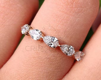 East West Diamond Band, 1 TCW Pear Cut Moissanite Wedding Band, 14K Solid Gold Band, Matching Band, Stackable Band, Anniversary Gift For Her