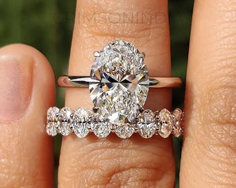 2.8 CT Oval Cut Moissanite Engagement Ring Set, 14K Solid White Gold Ring Set, Solitaire Ring With Half Eternity Band, Wedding Ring Set