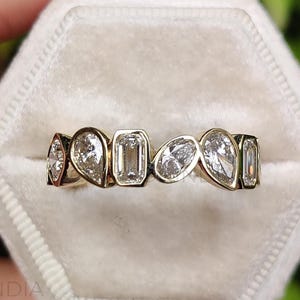 Multi Shape Brilliant Cut Moissanite Wedding Band, 14K Solid Yellow Gold Band, Bezel Setting Band, Full Eternity Band, Mixed Shape Band