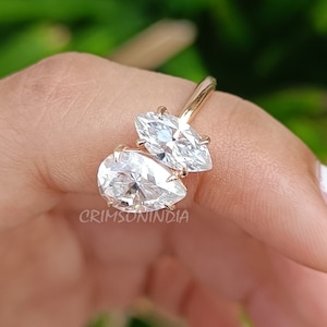 Toi Et Moi Ring, 1.61 CT Pear And Marquise Cut Moissanite Engagement Ring, 14K Solid Yellow Gold Ring, Two Stone Ring, Promise Ring For Her