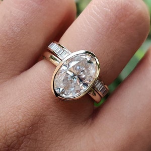 3 CT Oval Cut Moissanite Ring, 14K Solid Yellow Gold Ring Set, Solitaire Ring, Bezel Setting Ring, Baguette Setting Band, Half Eternity Band