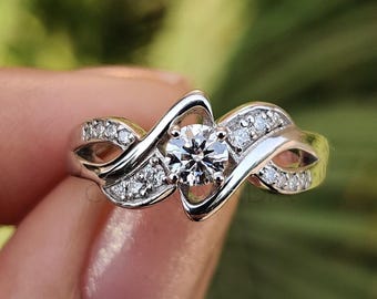 0.25 CT Round Cut Lab Grown Diamond Engagement Ring, 14K Solid White Gold Ring, Wedding Ring, Bypass Crossover Set Ring, Anniversary Gift