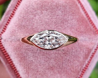 East West Diamond Ring, 1.8 CT Marquise Cut Lab Grown Diamond Engagement Ring, 14K Solid Gold Ring, Bezel Ring, Solitaire Ring, Gift For Her
