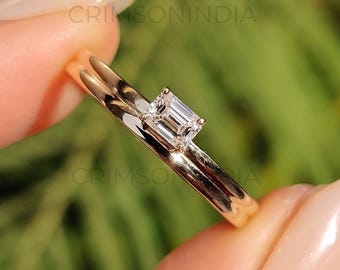 0.2 CT Emerald Cut Lab Grown Diamond Engagement Ring, 14K Solid Gold Ring, Solitaire Ring, Comfort Fit Ring, CVD Diamond Ring For Mother