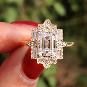 1.75 CT Emerald Cut Moissanite Engagement Ring, 925 Sterling Silver Ring, Halo Set Ring, Wedding Ring, Bridal Ring, Starburst Ring For Women