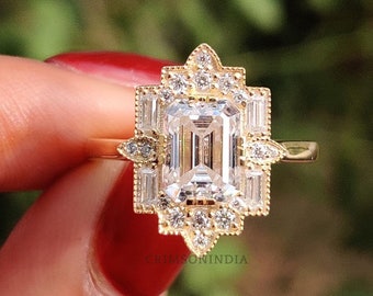 1.75 CT Emerald Cut Moissanite Engagement Ring, Mosaic Halo Ring, 14K Solid Gold Ring, Starburst Ring, Vintage Ring, Unique Ring