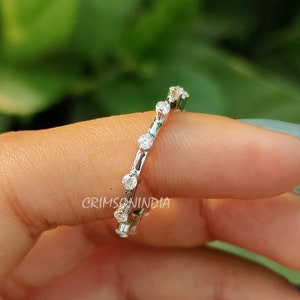 0.19 TCW Round Moissanite Wedding Band, 14K Solid Gold Band, Full Eternity Band, Distance Pave Setting Band, Bridal Set Band, Unique Band