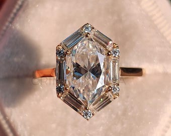 1.8 CT Hexagon Cut Lab Grown Diamond Engagement Ring, 14K Solid White Gold Ring, Halo Set Ring, Beidal Set Ring, Wedding Ring, Gift For Her