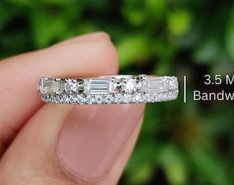 0.69 TCW Baguette Moissanite Wedding Band, 14K Solid Gold Band, Half Eternity Band, Two Row Pave Band, Stackable Band, Matching Band For Her