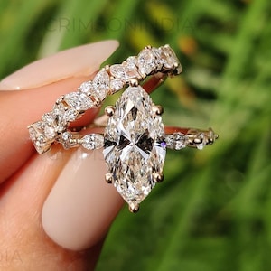 2.5 CT Marquise Cut Moissanite Engagement Ring Set, 14K Solid Gold Ring Set, Stackable Ring Set, Bridal Ring Set, Wedding Ring Set For Her