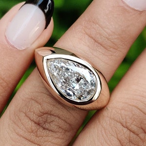 2 CT Pear Cut Lab Grown Diamond Engagement Ring, 14K Solid Yellow Gold Ring, Bezel Setting Ring, Solitaire Ring, Wedding Ring, Gift For Her