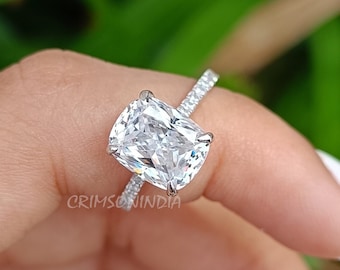 Bague de fiançailles en or massif 14 carats avec moissanite taille coussin allongé de 3 carats, sertie pavé, halo caché, bague de demande en mariage, bague de promesse