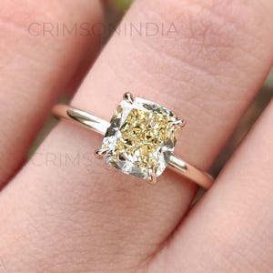 1.8 CT Light Yellow Cushion Cut Lab Grown Diamond Engagement Ring, 14K Solid Gold Ring, Solitaire Ring, Proposal Ring, Promise Ring For Her