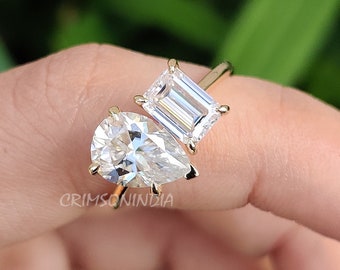 Toi Et Moi Ring, Pear And Emerald Cut Moissanite Engagement Ring, 14K Solid Gold Ring, Two Stone Ring, Stackable Ring, You And Me Ring