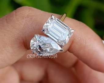 Toi Et Moi Ring, Pear and Emerald Cut Moissanite Engagement Ring, Two Stone Ring, 14K Solid Gold Ring, Proposal Ring, Promise Ring For Her